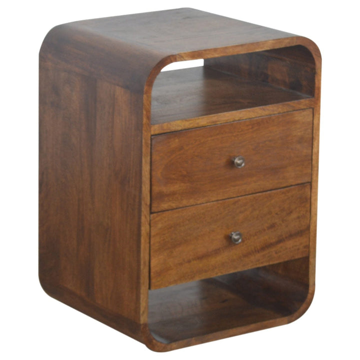 Chestnut Curve 2 Drawer Nightstand - Solid Mango Wood Bedside Table for Bedroom - product view 3 showing handcrafted...