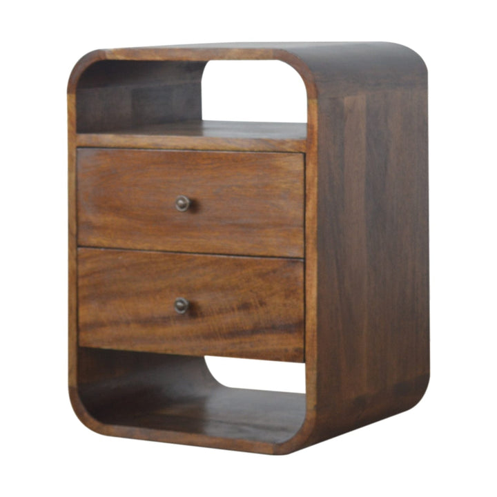 Chestnut Curve 2 Drawer Nightstand - Solid Mango Wood Bedside Table for Bedroom - product view 2 showing handcrafted...