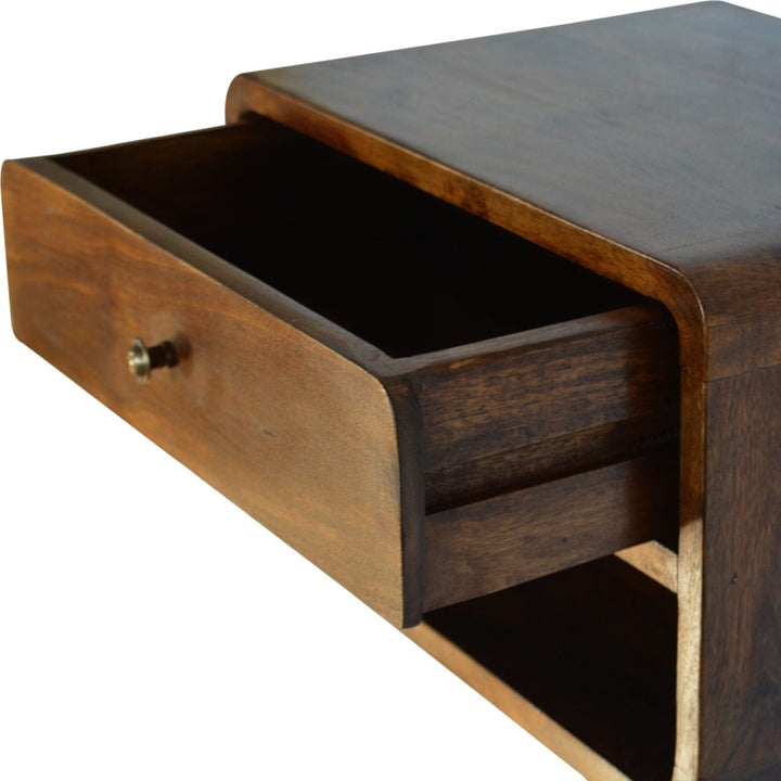 Chestnut Curve Floating Nightstand - Solid Mango Wood Bedside Table for Bedroom - product view 6 showing handcrafted...