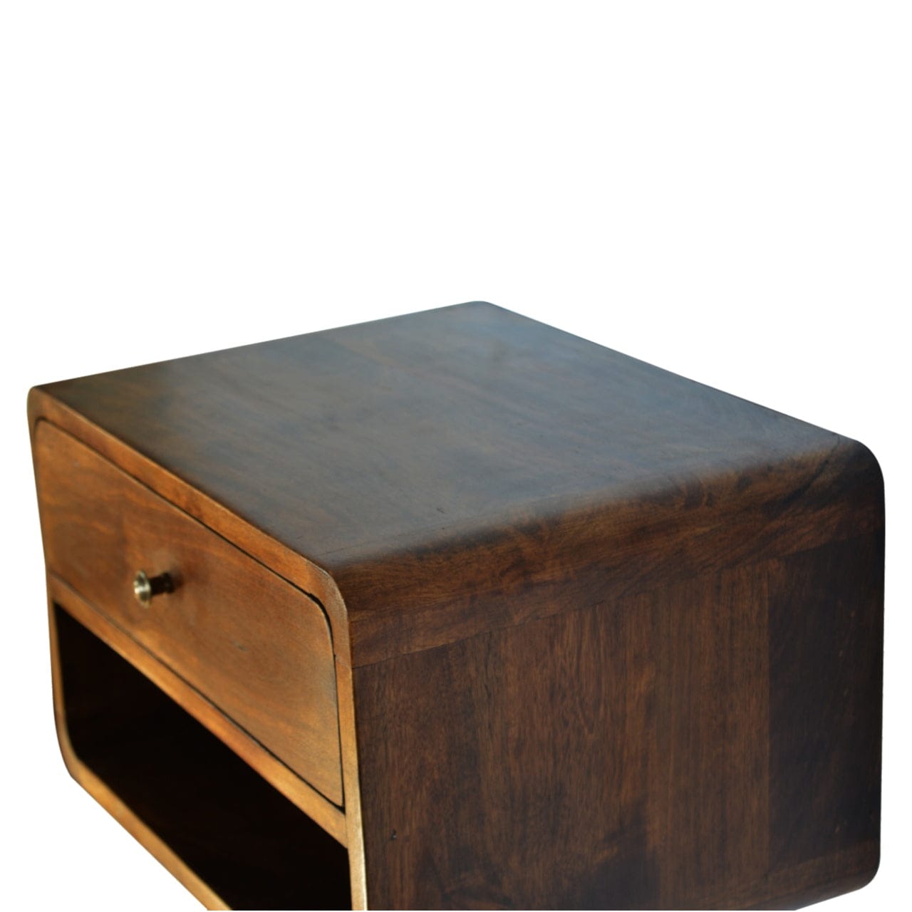Chestnut Curve Floating Nightstand - Solid Mango Wood Bedside Table for Bedroom - product view 5 showing handcrafted...