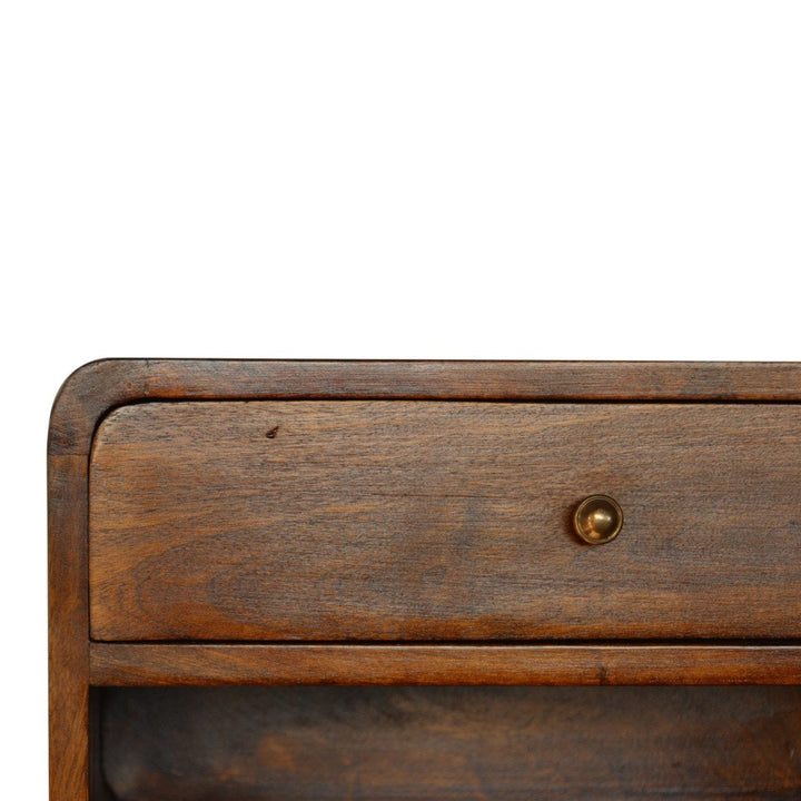 Chestnut Curve Floating Nightstand - Solid Mango Wood Bedside Table for Bedroom - product view 4 showing handcrafted...