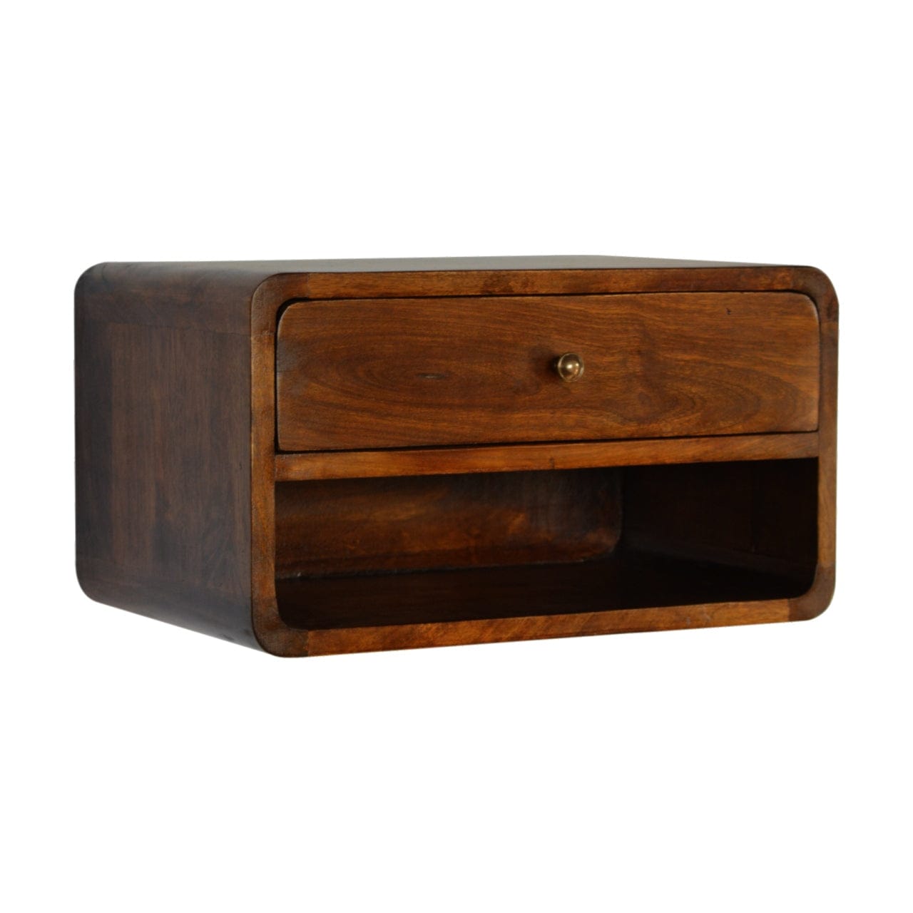 Chestnut Curve Floating Nightstand - Solid Mango Wood Bedside Table for Bedroom - product view 3 showing handcrafted...