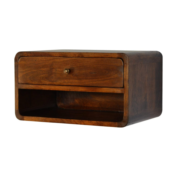 Chestnut Curve Floating Nightstand - Solid Mango Wood Bedside Table for Bedroom - product view 2 showing handcrafted...
