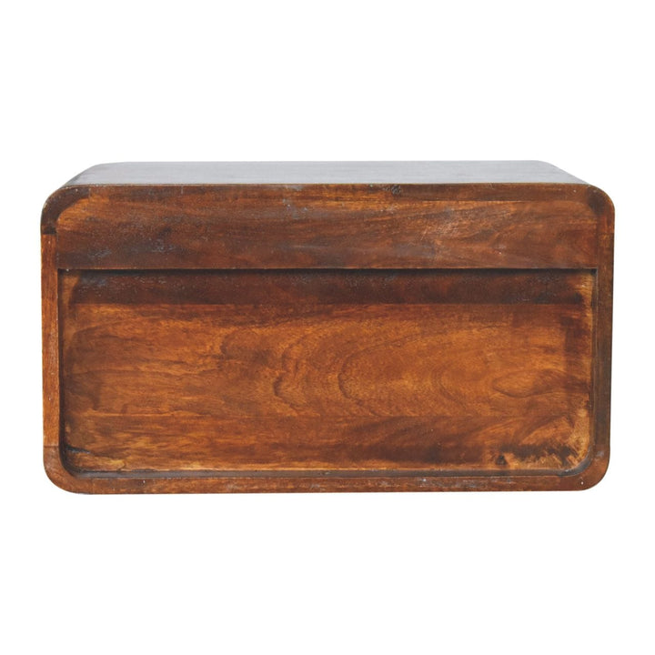 Chestnut Curve Floating Nightstand - Solid Mango Wood Bedside Table for Bedroom - product view 9 showing handcrafted...