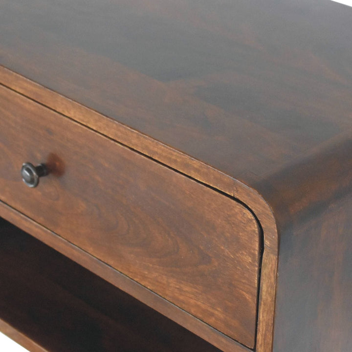 Chestnut Curve Floating Nightstand - Solid Mango Wood Bedside Table for Bedroom - product view 7 showing handcrafted...
