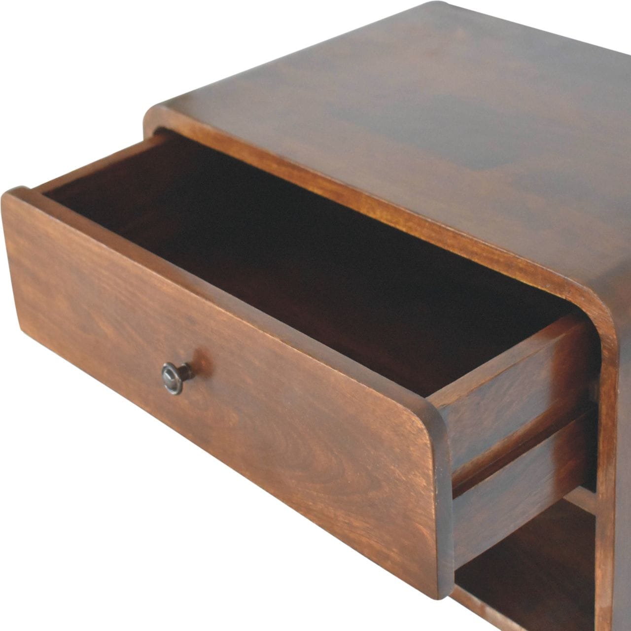 Chestnut Curve Floating Nightstand - Solid Mango Wood Bedside Table for Bedroom - product view 6 showing handcrafted...