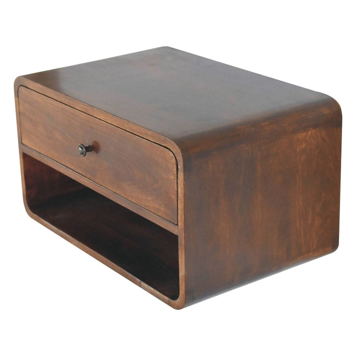 Chestnut Curve Floating Nightstand - Solid Mango Wood Bedside Table for Bedroom - product view 5 showing handcrafted...