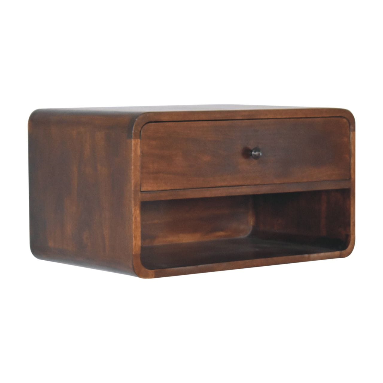 Chestnut Curve Floating Nightstand - Solid Mango Wood Bedside Table for Bedroom - product view 4 showing handcrafted...