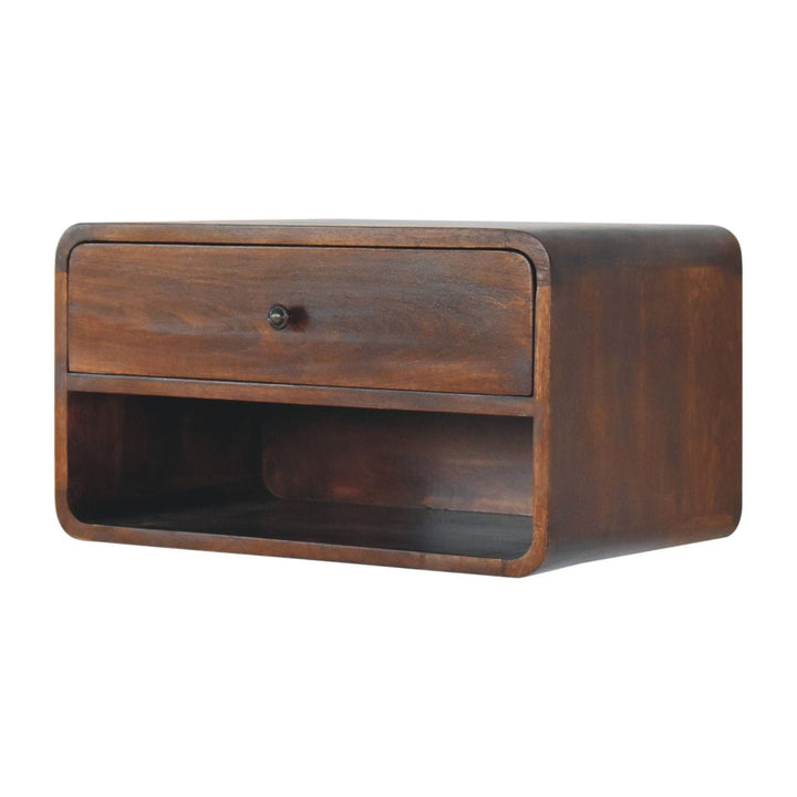 Chestnut Curve Floating Nightstand - Solid Mango Wood Bedside Table for Bedroom - product view 3 showing handcrafted...