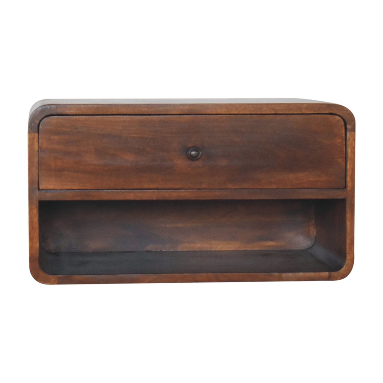 Chestnut Curve Floating Nightstand - Solid Mango Wood Bedside Table for Bedroom - product view 2 showing handcrafted...