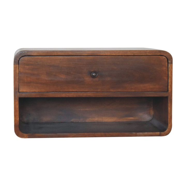 Chestnut Curve Floating Nightstand - Solid Mango Wood Bedside Table for Bedroom - product view 2 showing handcrafted...