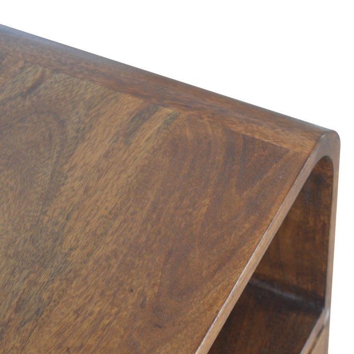 Chestnut Curved Edge Nightstand - Solid Mango Wood Bedside Table for Bedroom - product view 7 showing handcrafted solid...