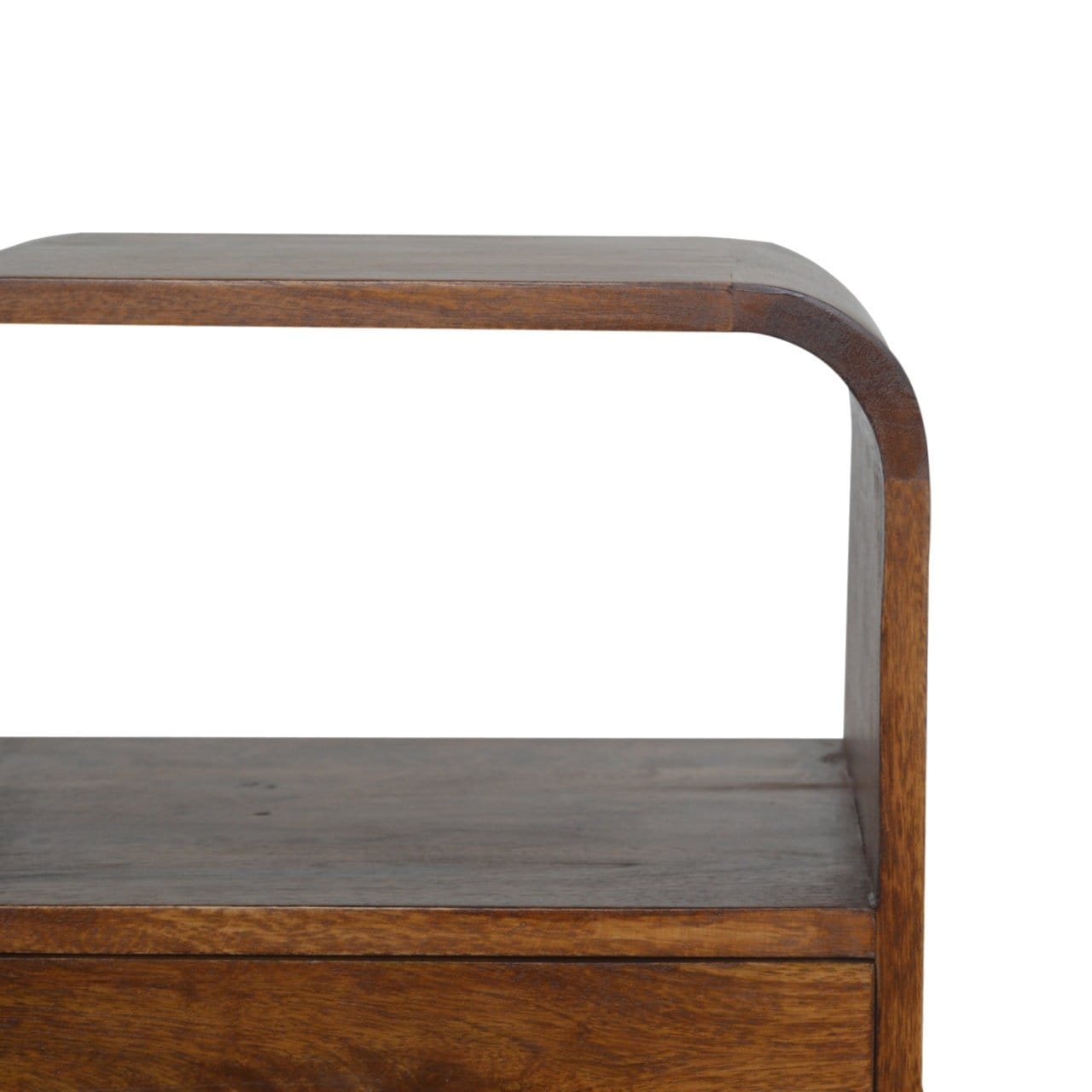 Chestnut Curved Edge Nightstand - Solid Mango Wood Bedside Table for Bedroom - product view 6 showing handcrafted solid...