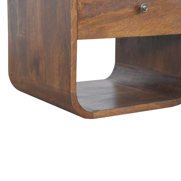 Chestnut Curved Edge Nightstand - Solid Mango Wood Bedside Table for Bedroom - product view 5 showing handcrafted solid...