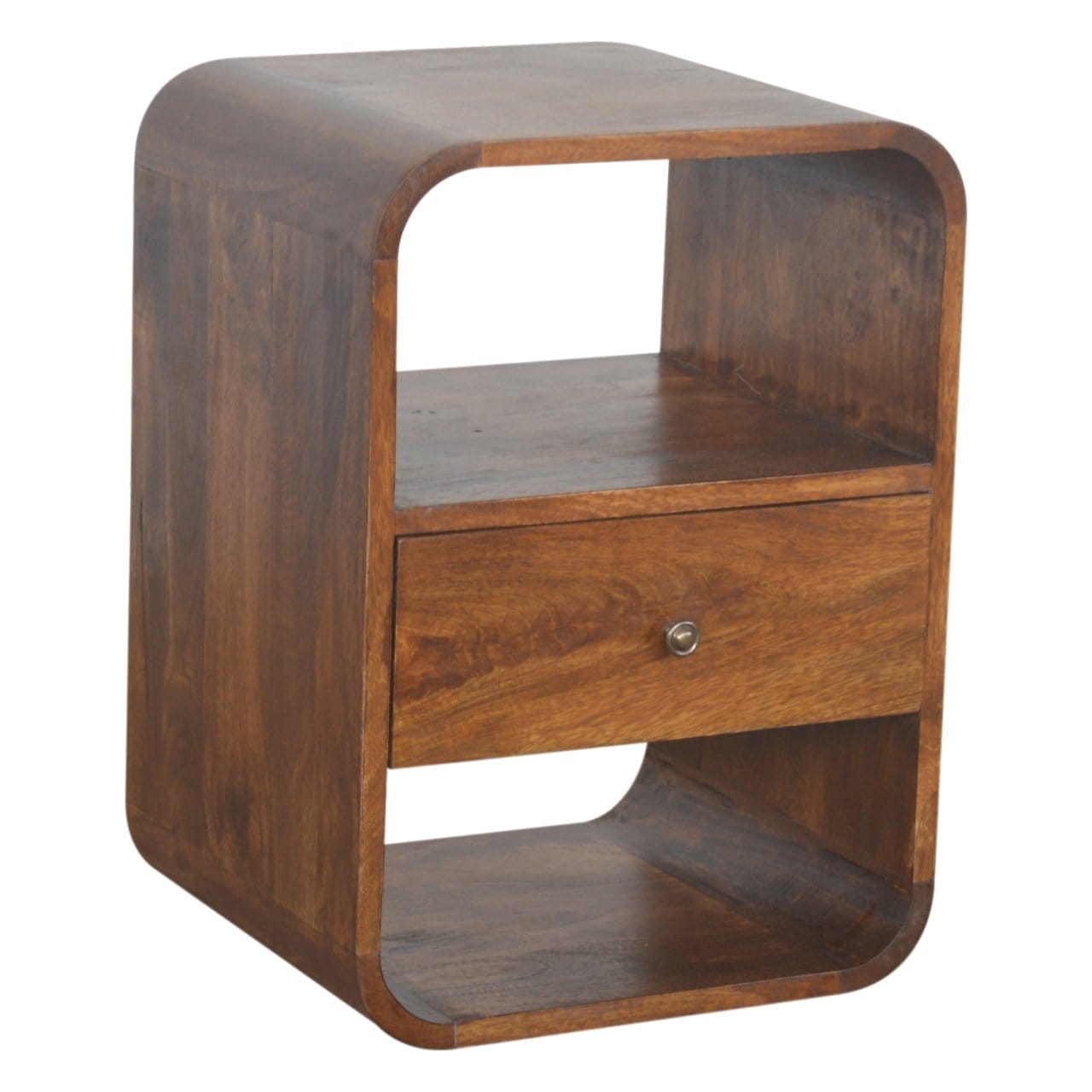 Chestnut Curved Edge Nightstand - Solid Mango Wood Bedside Table for Bedroom - product view 4 showing handcrafted solid...