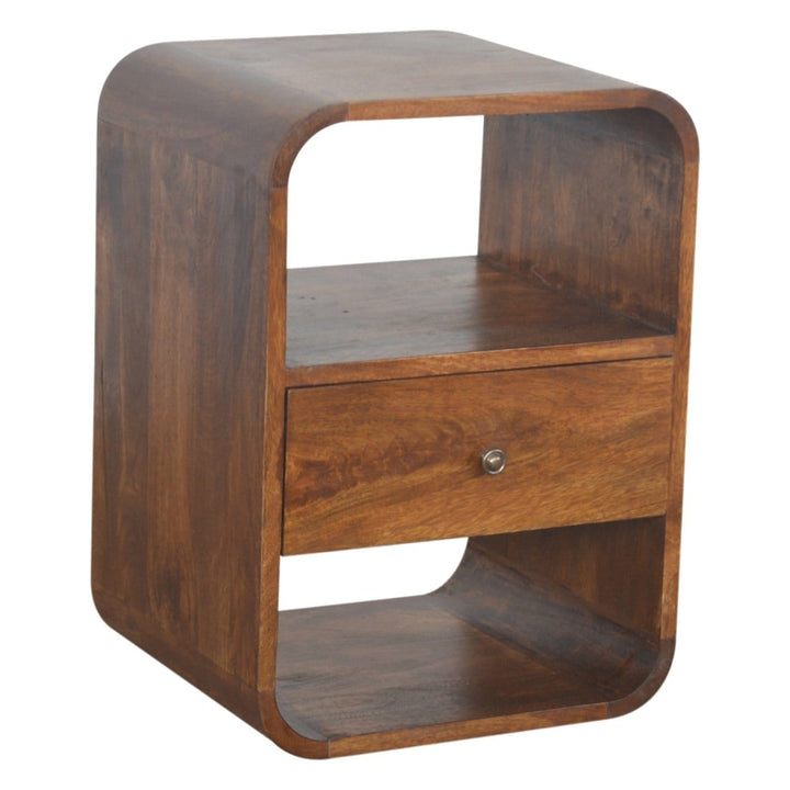 Chestnut Curved Edge Nightstand - Solid Mango Wood Bedside Table for Bedroom - product view 4 showing handcrafted solid...