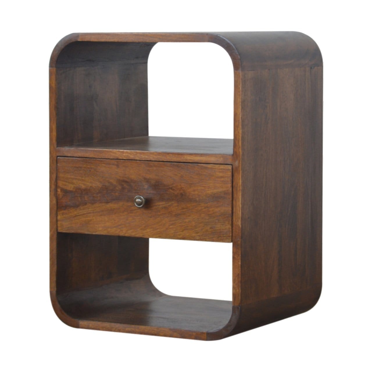 Chestnut Curved Edge Nightstand - Solid Mango Wood Bedside Table for Bedroom - product view 3 showing handcrafted solid...