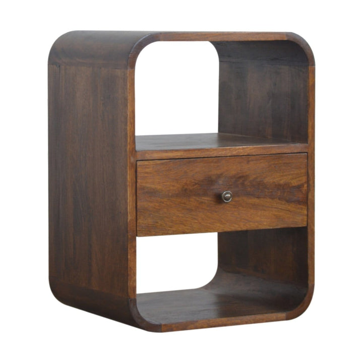 Chestnut Curved Edge Nightstand - Solid Mango Wood Bedside Table for Bedroom - product view 2 showing handcrafted solid...