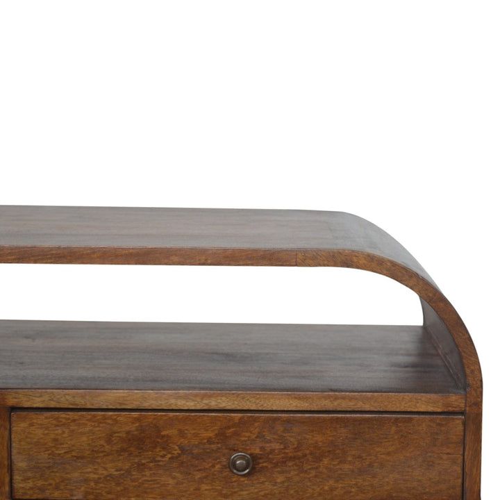Chestnut Curved Edge TV Stand - Solid Mango Wood Entertainment Center for Living Room - product view 6 showing...