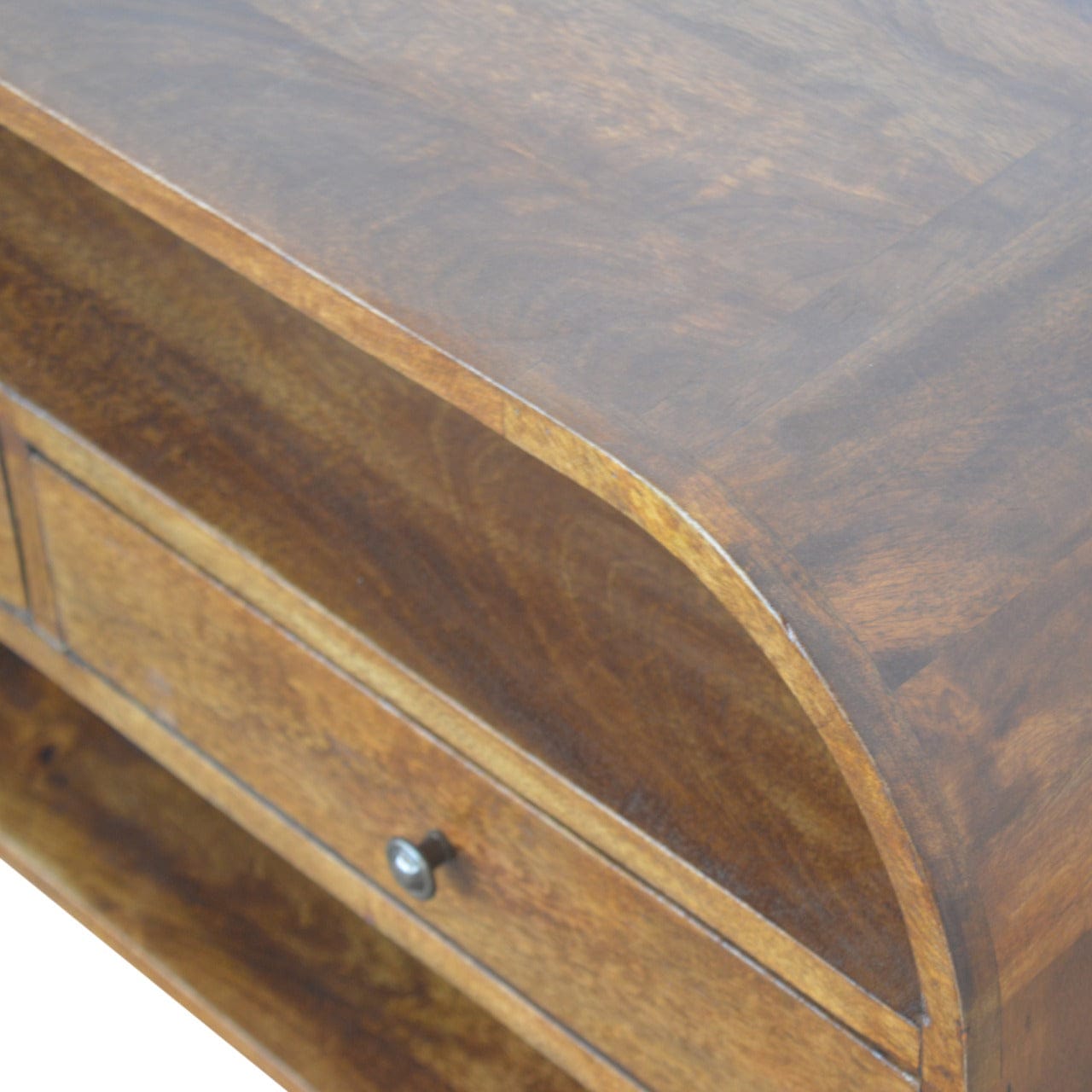 Chestnut Curved Edge TV Stand - Solid Mango Wood Entertainment Center for Living Room - product view 5 showing...