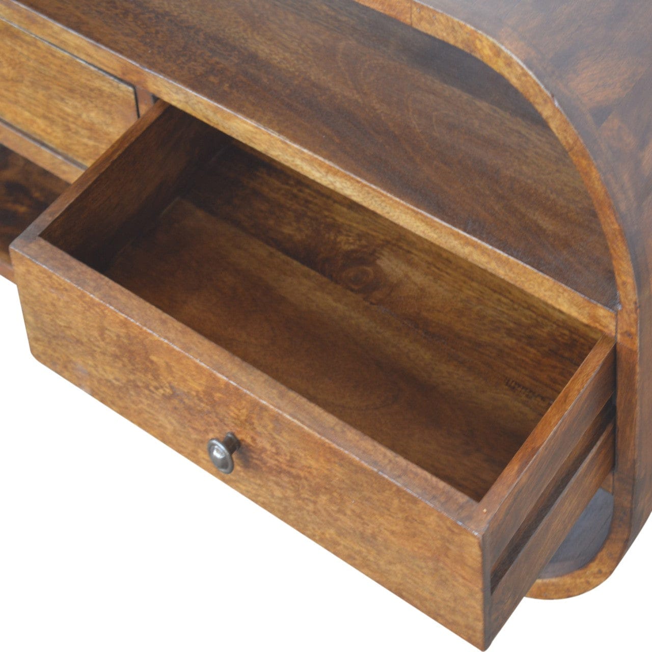 Chestnut Curved Edge TV Stand - Solid Mango Wood Entertainment Center for Living Room - product view 4 showing...