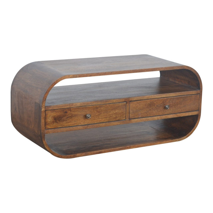 Chestnut Curved Edge TV Stand - Solid Mango Wood Entertainment Center for Living Room - product view 3 showing...