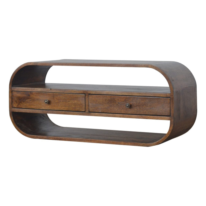 Chestnut Curved Edge TV Stand - Solid Mango Wood Entertainment Center for Living Room - product view 2 showing...
