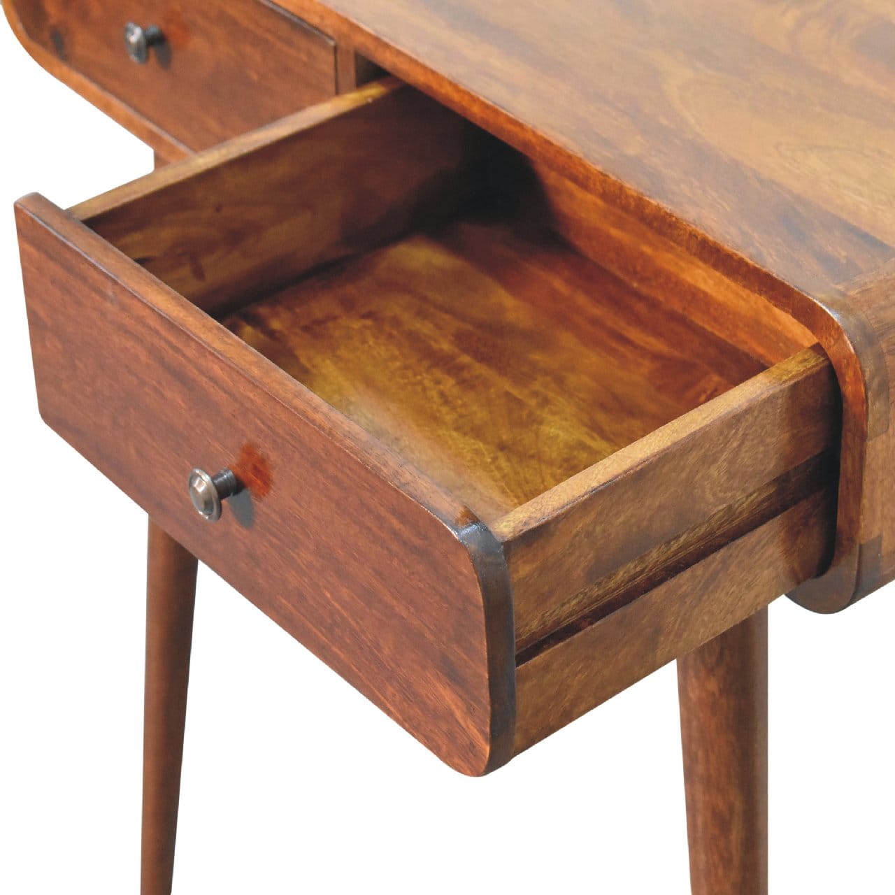 Chestnut Curved Hallway Console Table - Solid Mango Wood Entryway Table - product view 7 showing handcrafted solid mango...