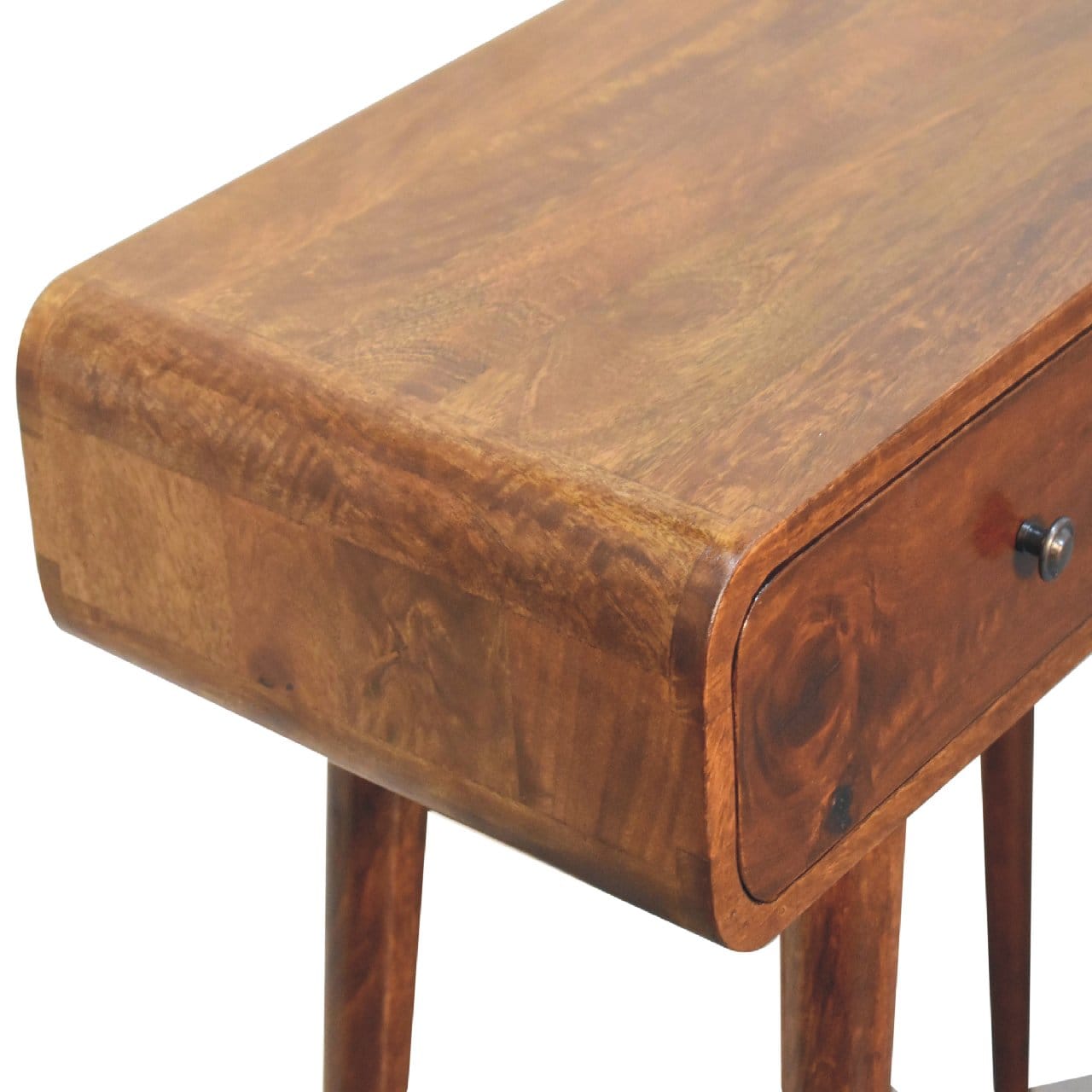 Chestnut Curved Hallway Console Table - Solid Mango Wood Entryway Table - product view 6 showing handcrafted solid mango...