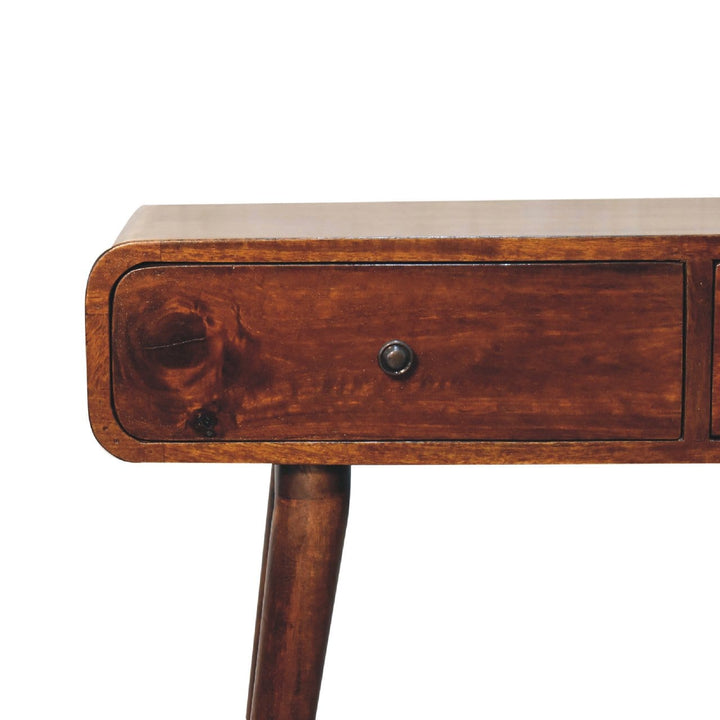 Chestnut Curved Hallway Console Table - Solid Mango Wood Entryway Table - product view 5 showing handcrafted solid mango...