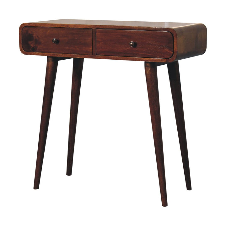 Chestnut Curved Hallway Console Table - Solid Mango Wood Entryway Table - product view 4 showing handcrafted solid mango...