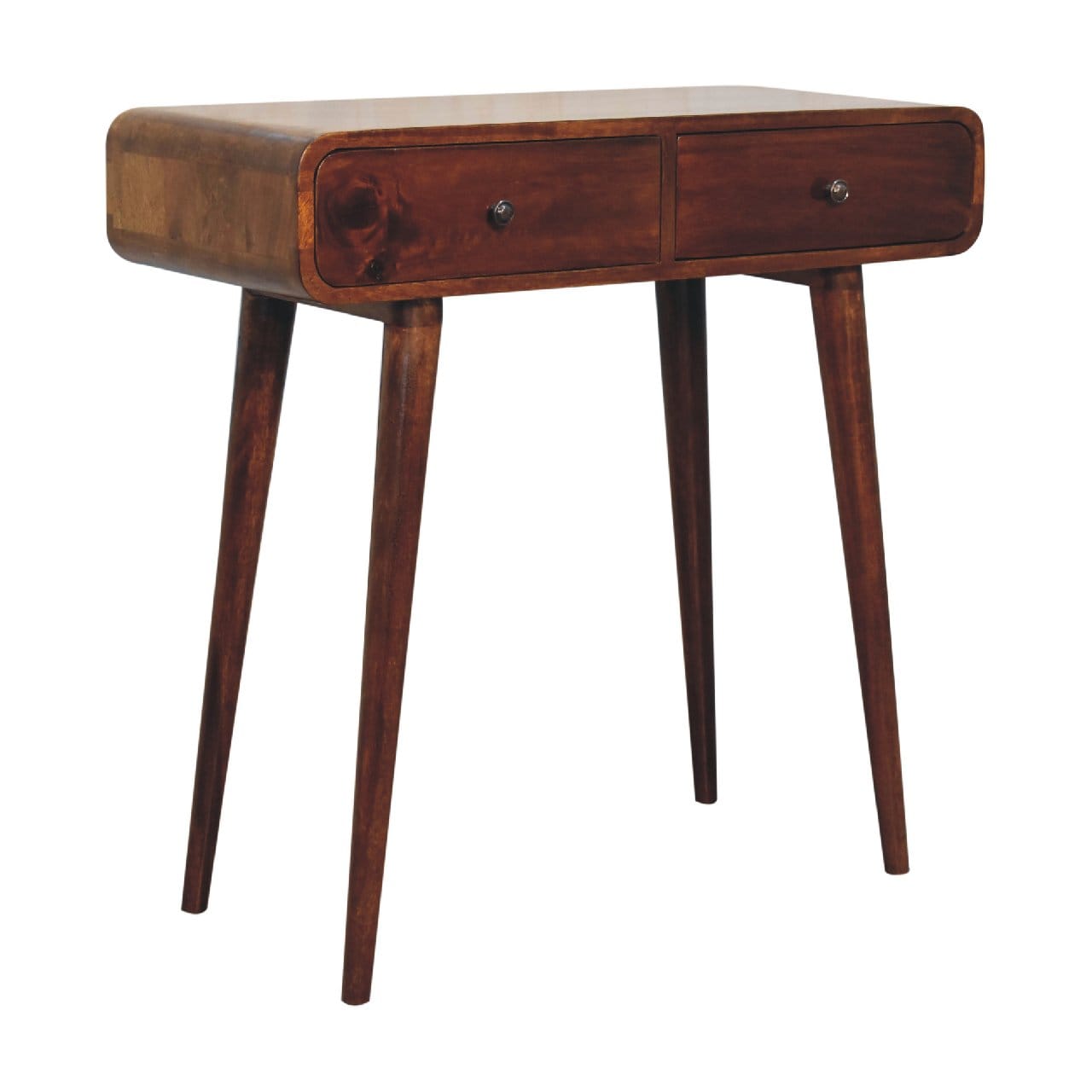 Chestnut Curved Hallway Console Table - Solid Mango Wood Entryway Table - product view 3 showing handcrafted solid mango...