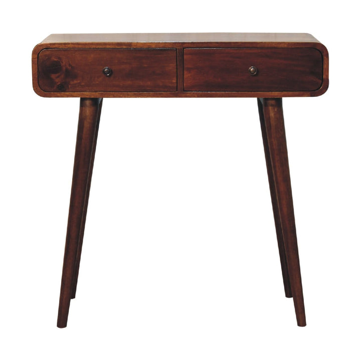 Chestnut Curved Hallway Console Table - Solid Mango Wood Entryway Table - product view 2 showing handcrafted solid mango...