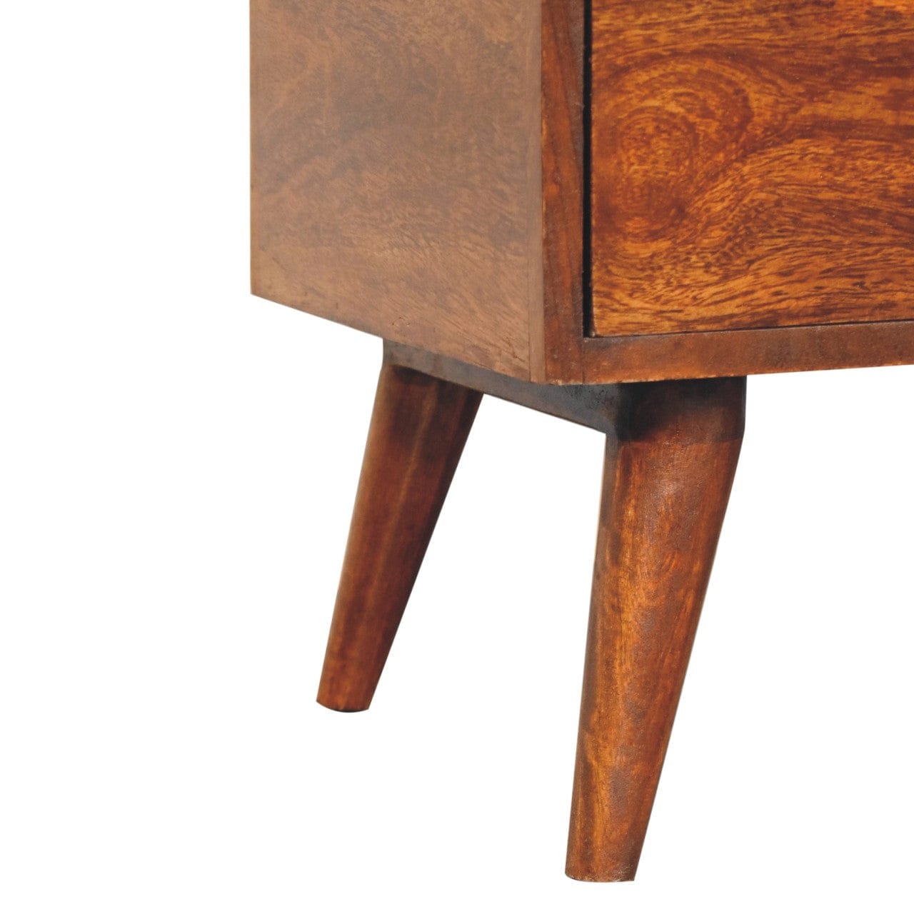 Chestnut Dome Nightstand - Solid Mango Wood Bedside Table for Bedroom - product view 8 showing handcrafted solid mango...