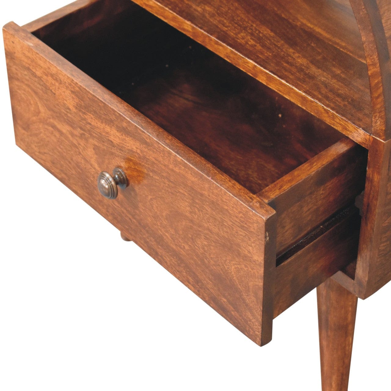 Chestnut Dome Nightstand - Solid Mango Wood Bedside Table for Bedroom - product view 7 showing handcrafted solid mango...