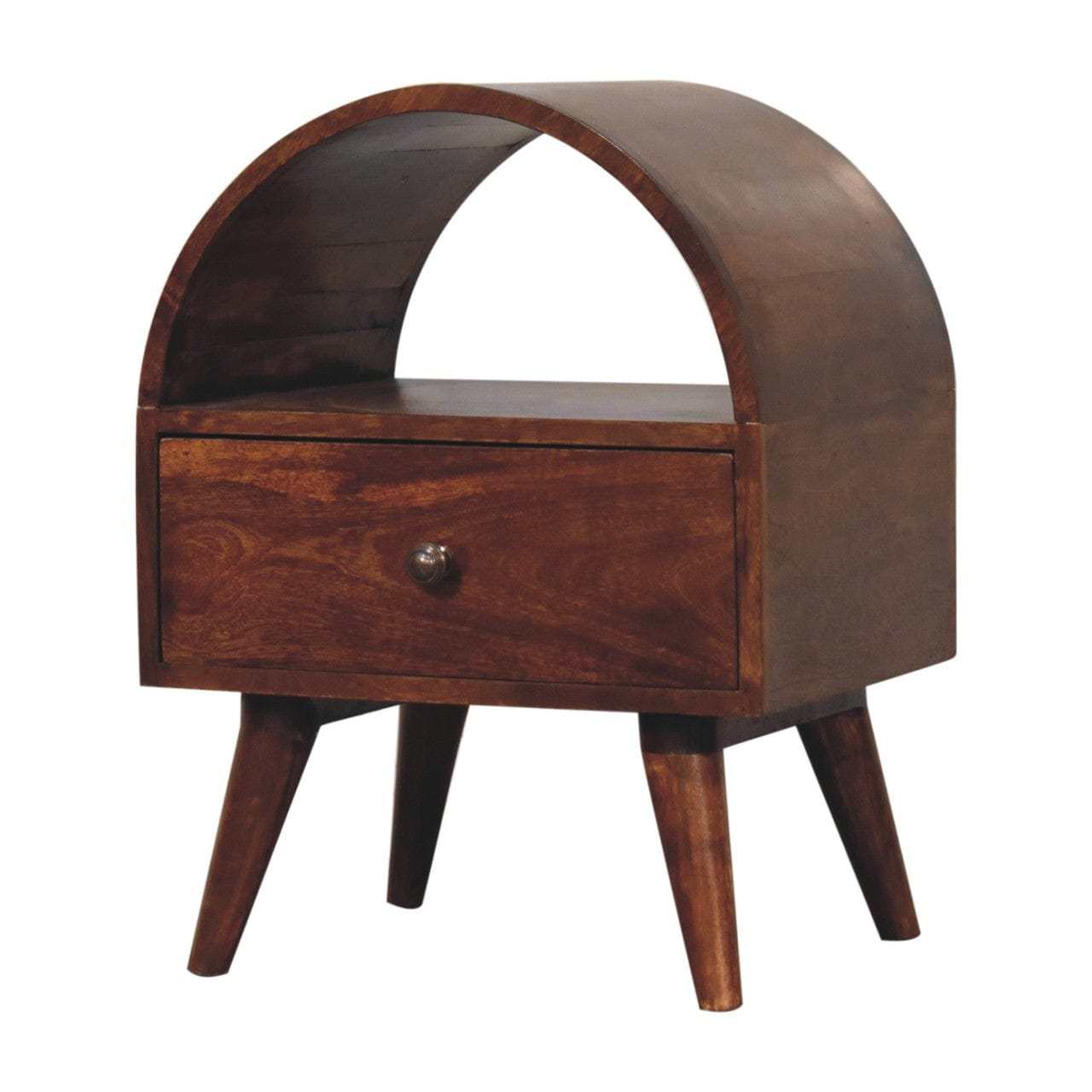 Chestnut Dome Nightstand - Solid Mango Wood Bedside Table for Bedroom - product view 4 showing handcrafted solid mango...