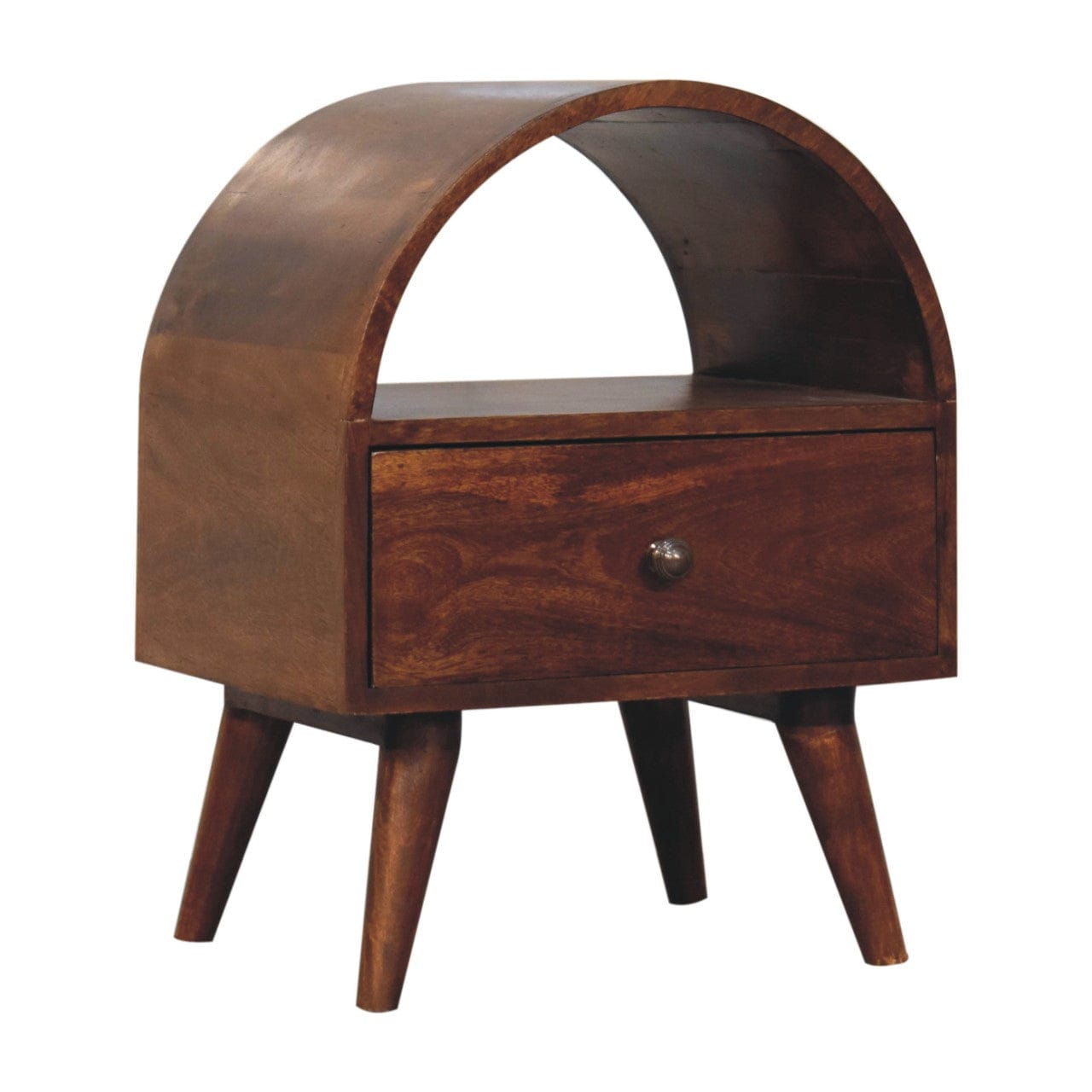 Chestnut Dome Nightstand - Solid Mango Wood Bedside Table for Bedroom - product view 3 showing handcrafted solid mango...