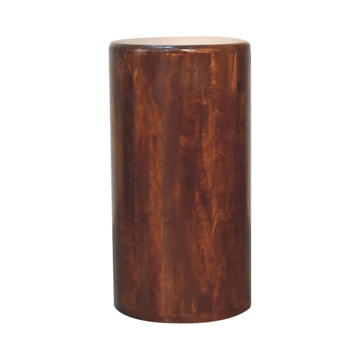 Chestnut Drum Side Table - Solid Mango Wood Round End Table for Living Room - product view 9 showing handcrafted solid...