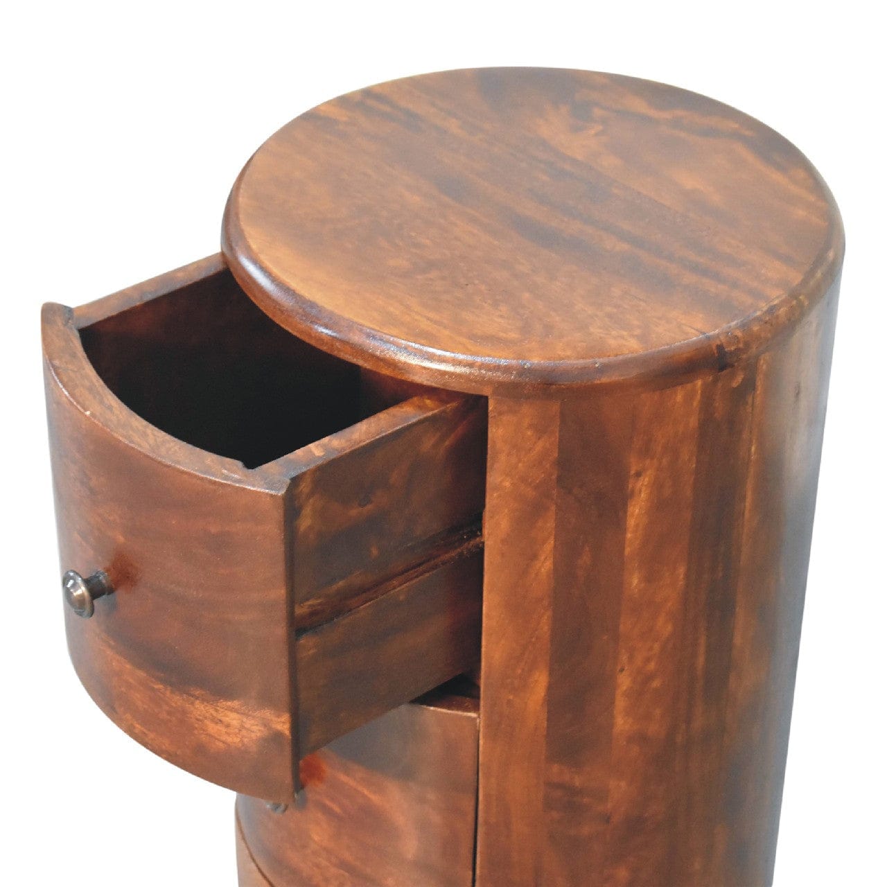 Chestnut Drum Side Table - Solid Mango Wood Round End Table for Living Room - product view 6 showing handcrafted solid...