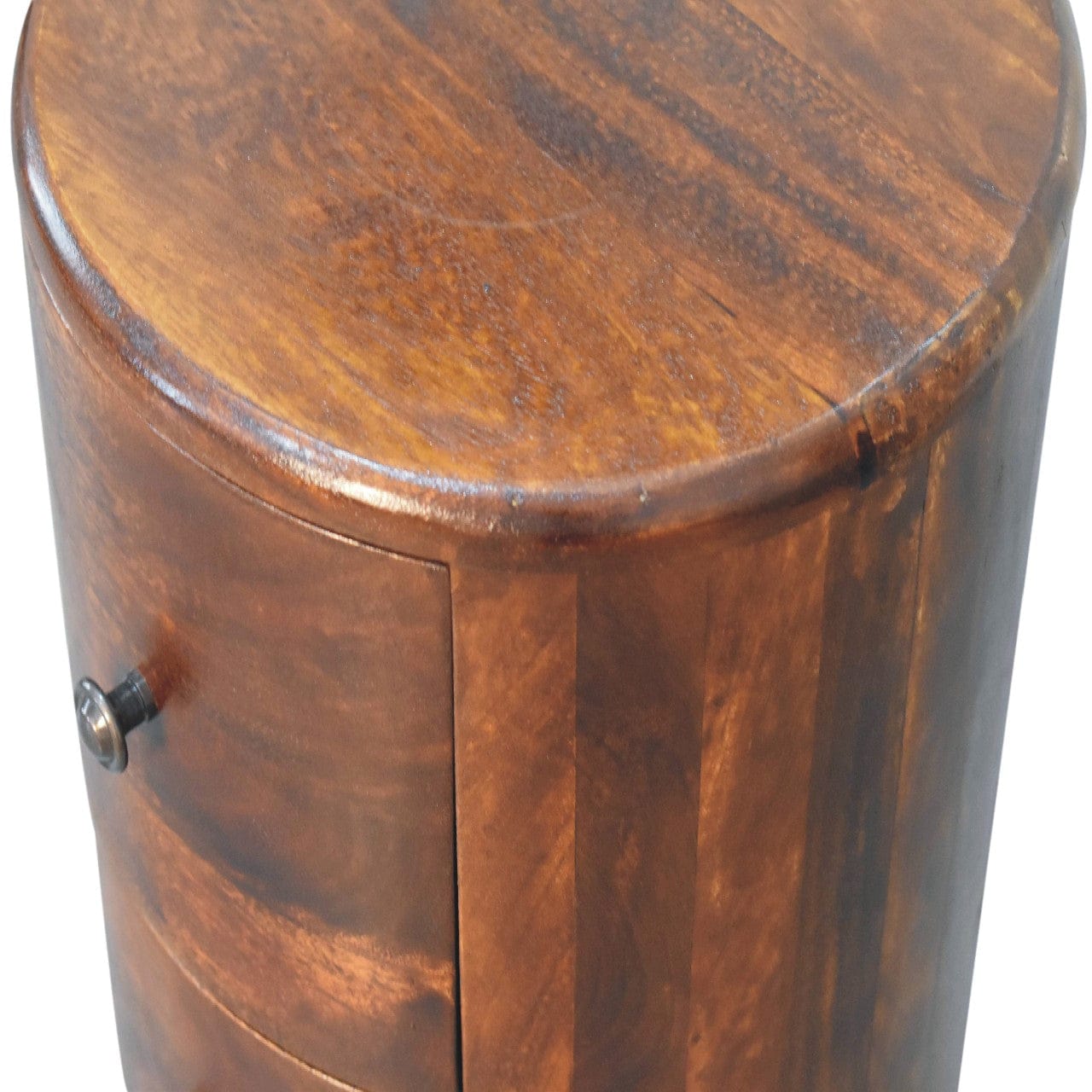 Chestnut Drum Side Table - Solid Mango Wood Round End Table for Living Room - product view 5 showing handcrafted solid...