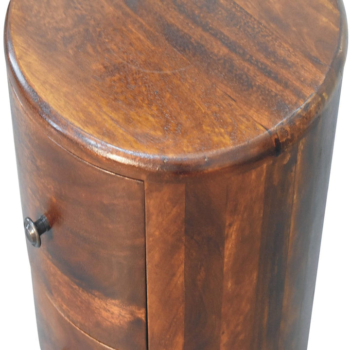 Chestnut Drum Side Table - Solid Mango Wood Round End Table for Living Room - product view 5 showing handcrafted solid...