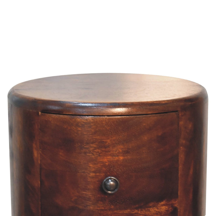 Chestnut Drum Side Table - Solid Mango Wood Round End Table for Living Room - product view 4 showing handcrafted solid...