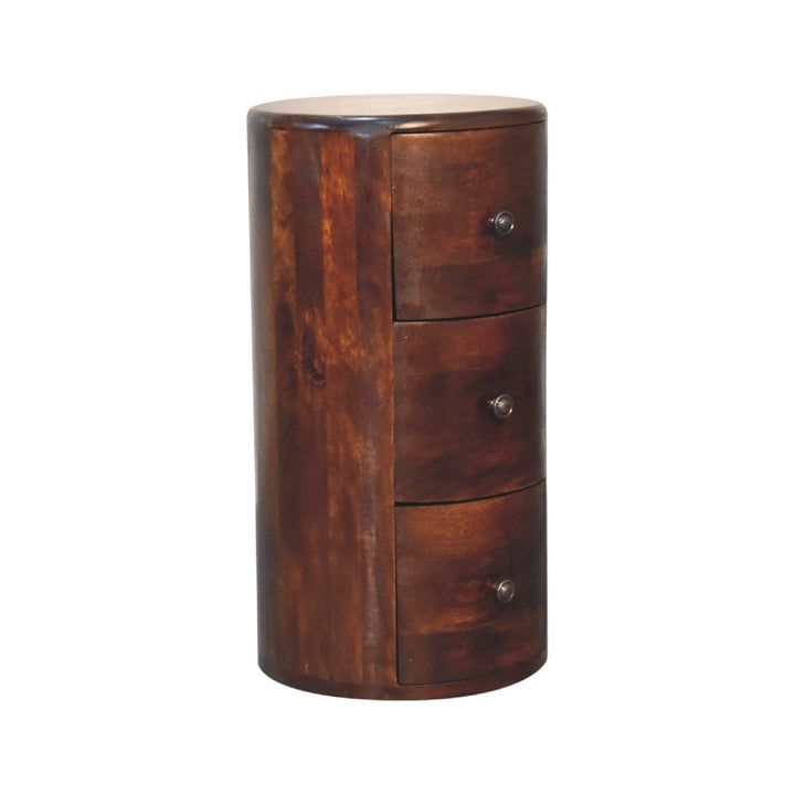 Chestnut Drum Side Table - Solid Mango Wood Round End Table for Living Room - product view 3 showing handcrafted solid...