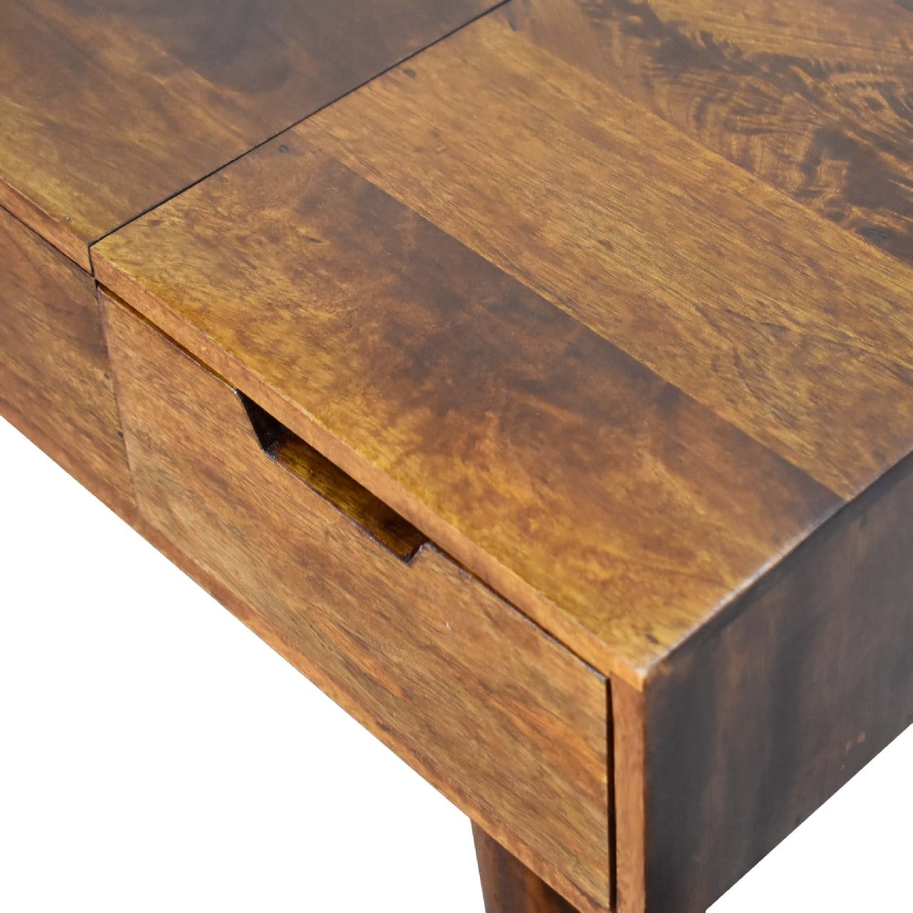 Chestnut Foldable Mirror Dressing Table - Solid Mango Wood Vanity Table for Bedroom - product view 9 showing handcrafted...