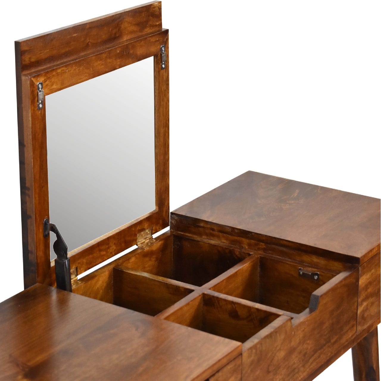 Chestnut Foldable Mirror Dressing Table - Solid Mango Wood Vanity Table for Bedroom - product view 8 showing handcrafted...