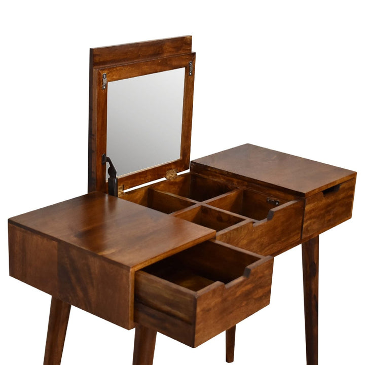 Chestnut Foldable Mirror Dressing Table - Solid Mango Wood Vanity Table for Bedroom - product view 6 showing handcrafted...