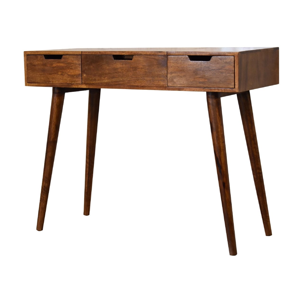 Chestnut Foldable Mirror Dressing Table - Solid Mango Wood Vanity Table for Bedroom - product view 4 showing handcrafted...