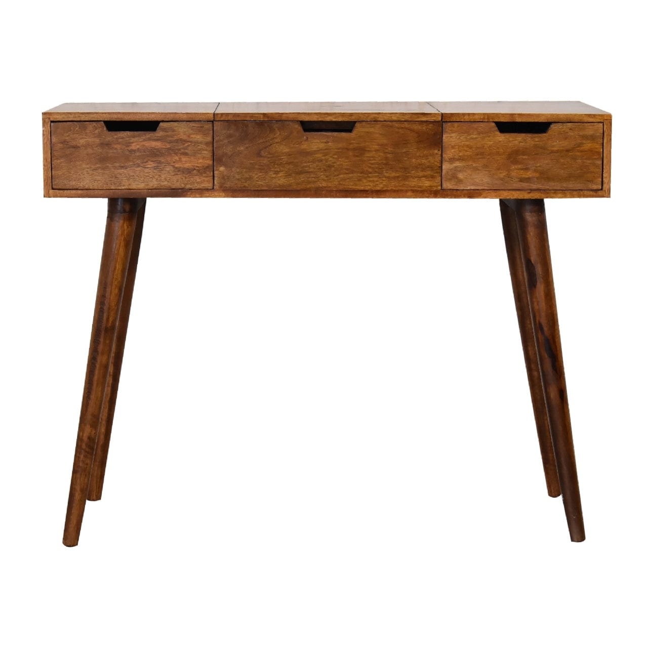 Chestnut Foldable Mirror Dressing Table - Solid Mango Wood Vanity Table for Bedroom - product view 2 showing handcrafted...