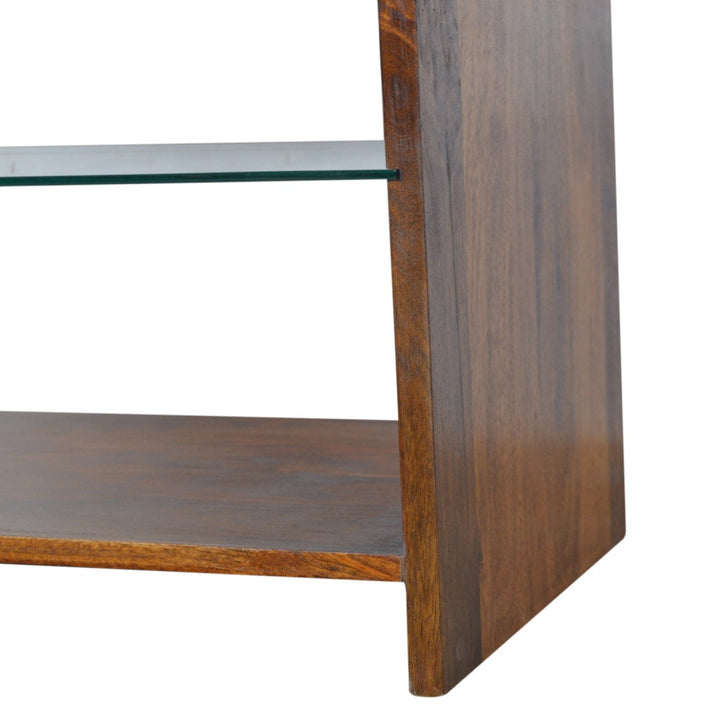Chestnut Glass Shelf Coffee Table - Solid Mango Wood Center Table for Living Room - product view 7 showing handcrafted...