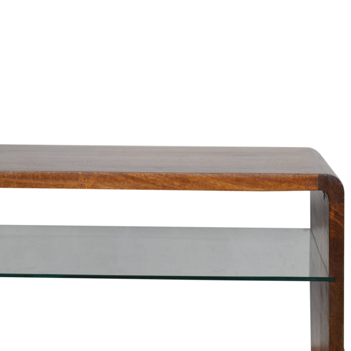 Chestnut Glass Shelf Coffee Table - Solid Mango Wood Center Table for Living Room - product view 6 showing handcrafted...